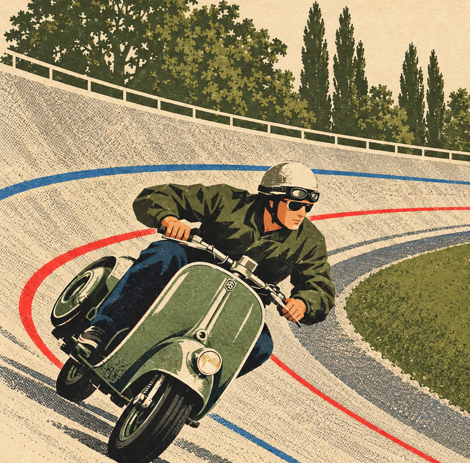 Plakatmotiv: Rollerfahrer auf einer frühen Vespa legt sich in die Steilkurve der Zementbahn, Illustration im Stil der 1950er