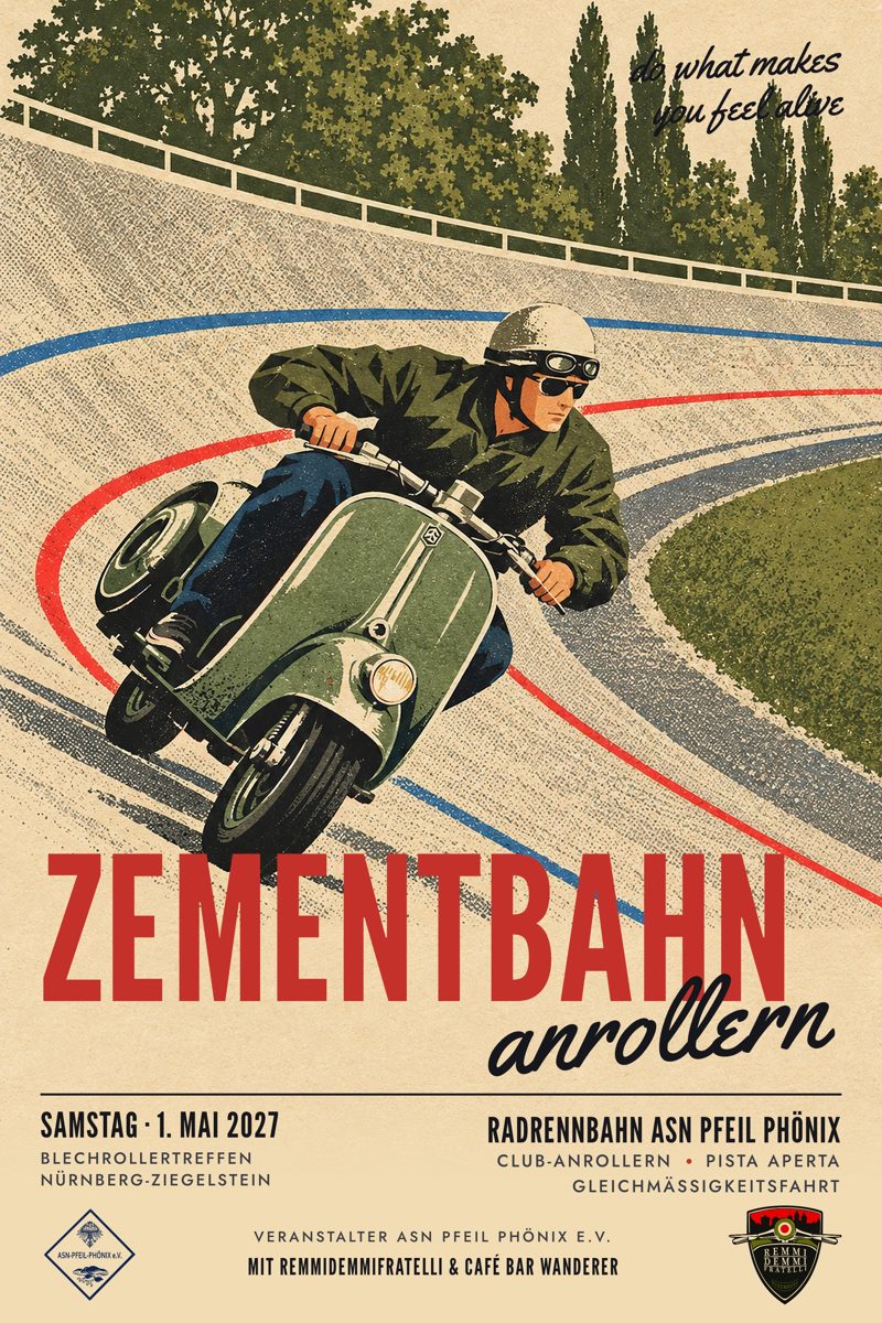 Plakat Zementbahn anrollern – Rollerfahrer in der Steilkurve